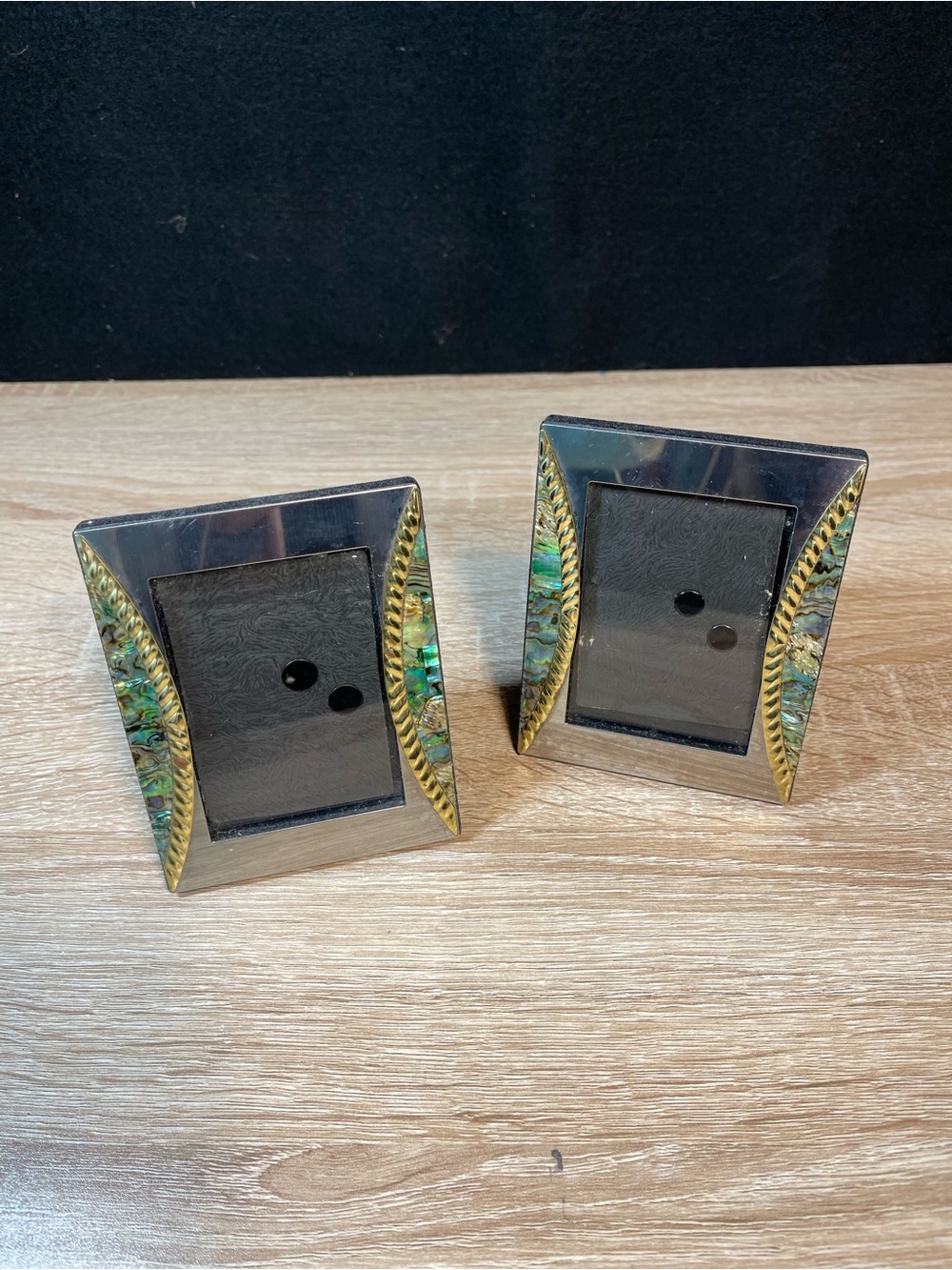 Set of Two Decorative Metal Photo Frames with Abalone Accent - Silver & Green